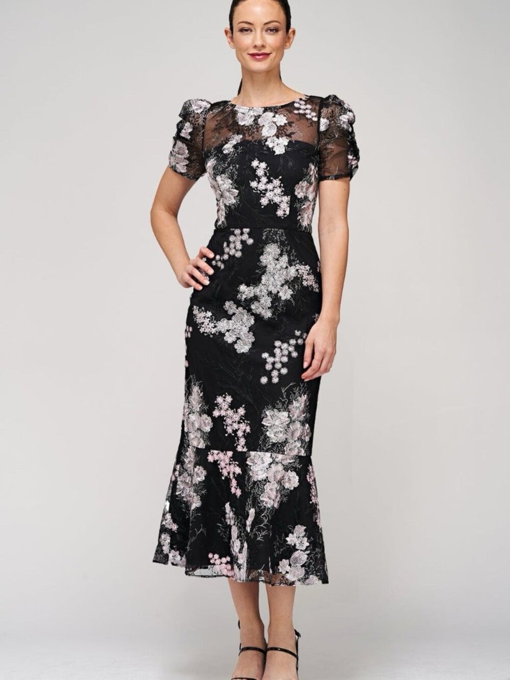 JS Collections Size 4 Hope Pink Black Floral Flounce Hem Midi Cocktail Dress NWT
